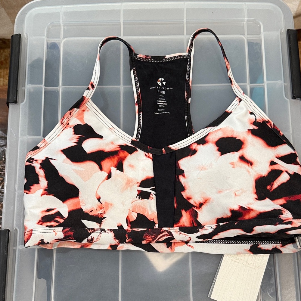 NWT Ghost Flower Fire Element Sports Bra size M White, black red/pink floral